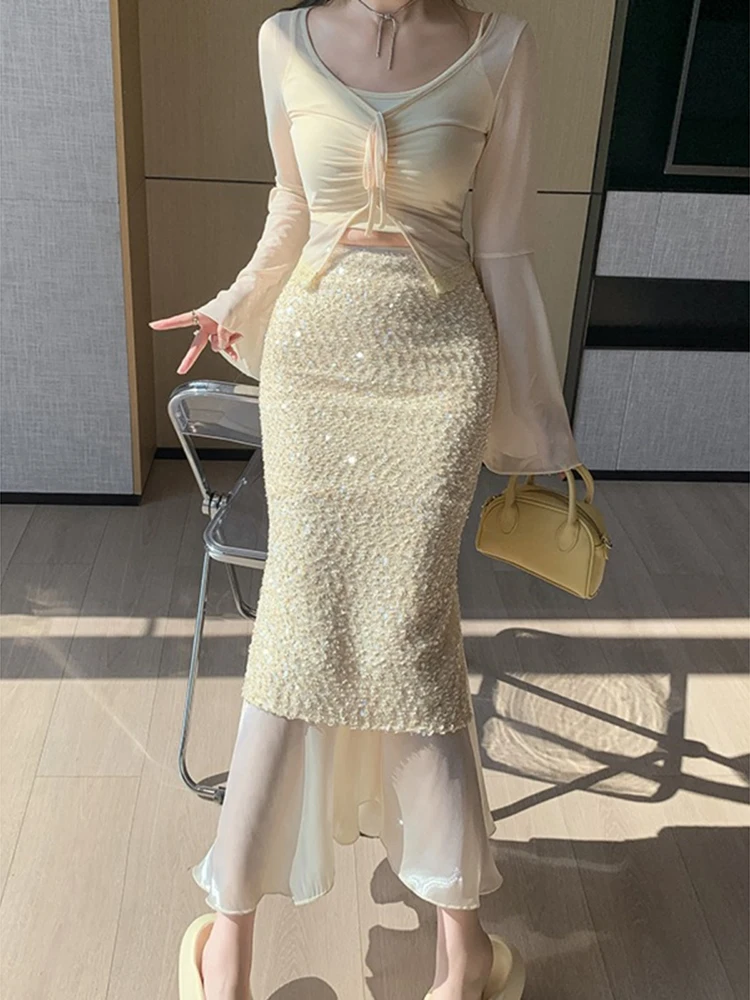 

Sexy Mesh Stitching Sequins Skirts for Women Vintage High Waist Elegant Midi Skirt Chic Casual Party Shiny Mermaid Long Skirts