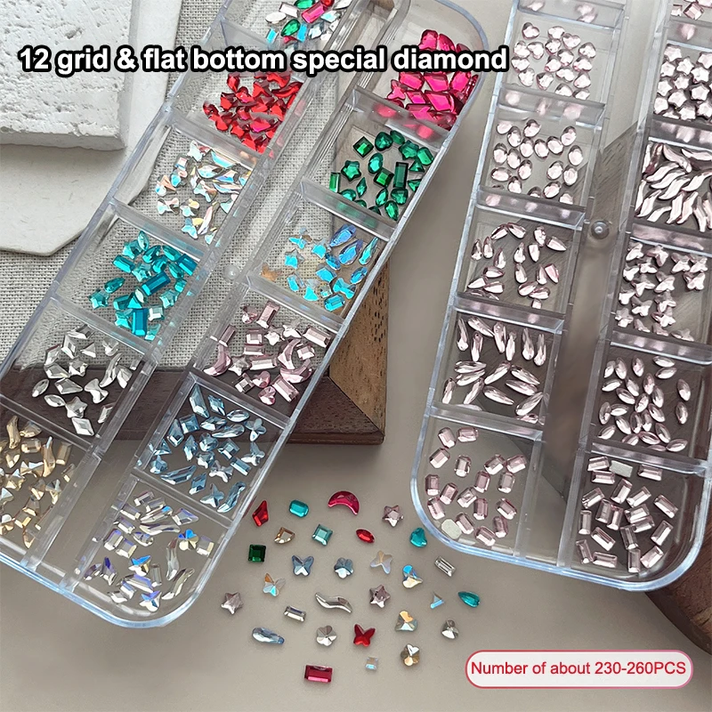 12 Grids Mixed Shape Colorful Rhinestones Nail Art Decoration Multi Size Flat Back Rhinestone Nail Gel Diy Nail Accessories