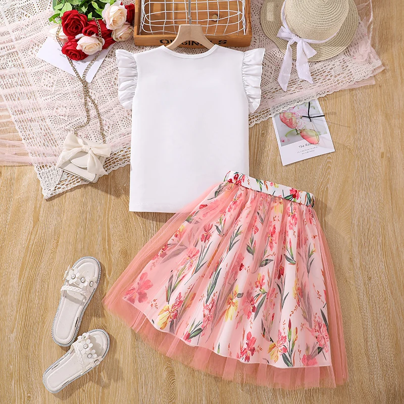 New Summer For 8-12 Years  Girls White  Flying Sleeve Top Pink Printed Tulle Skirt & Belt Casual Style Fashion Trend Daily  Sets