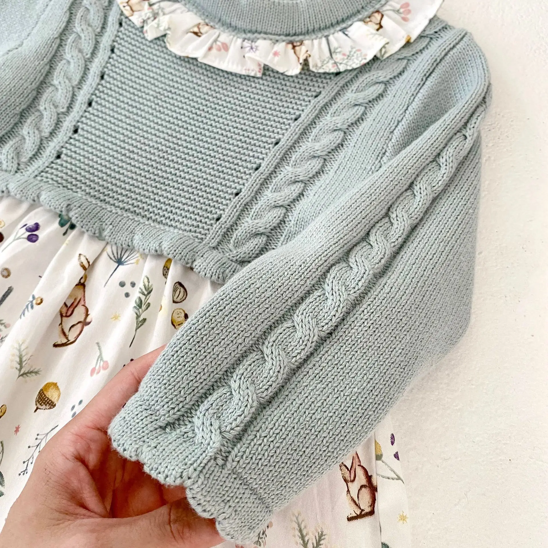 Autumn New Children\'s Fashion Versatile Dress Baby Girl Baby Knitted Patchwork Print Long Sleeve sisters Dress Dress