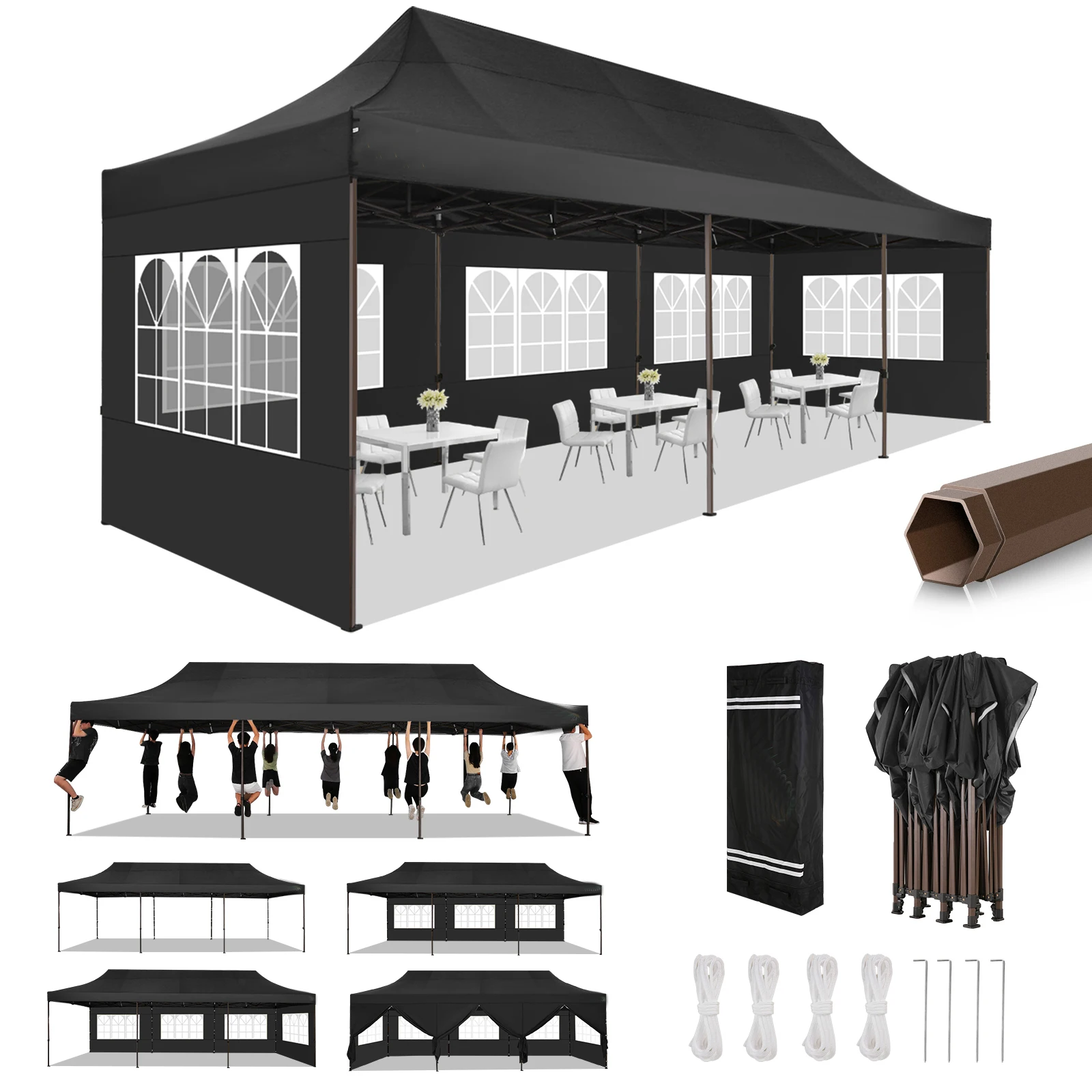 Heavy Duty 10x30 Party Tent, Commercial 10x30 pop up Canopy for Parties Waterproof Gazebos with 8 Sidewalls, All Season Canopy