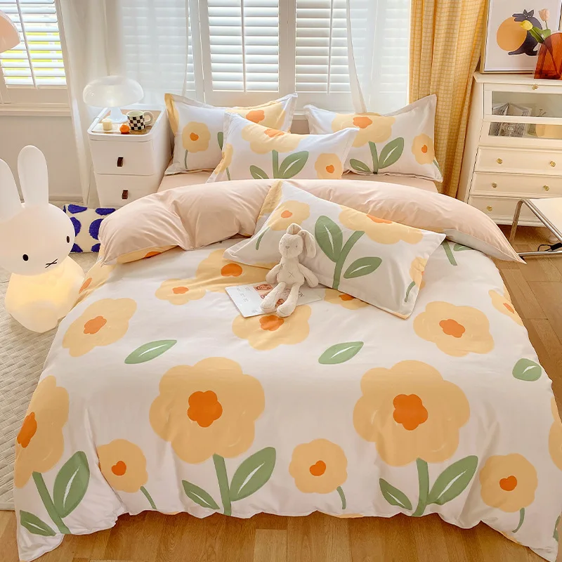 Spring And Autumn Pure Cotton Thickened Frosted Four Piece Set All Cotton Bed Sheet Quilt Cover Three Piece Bedding