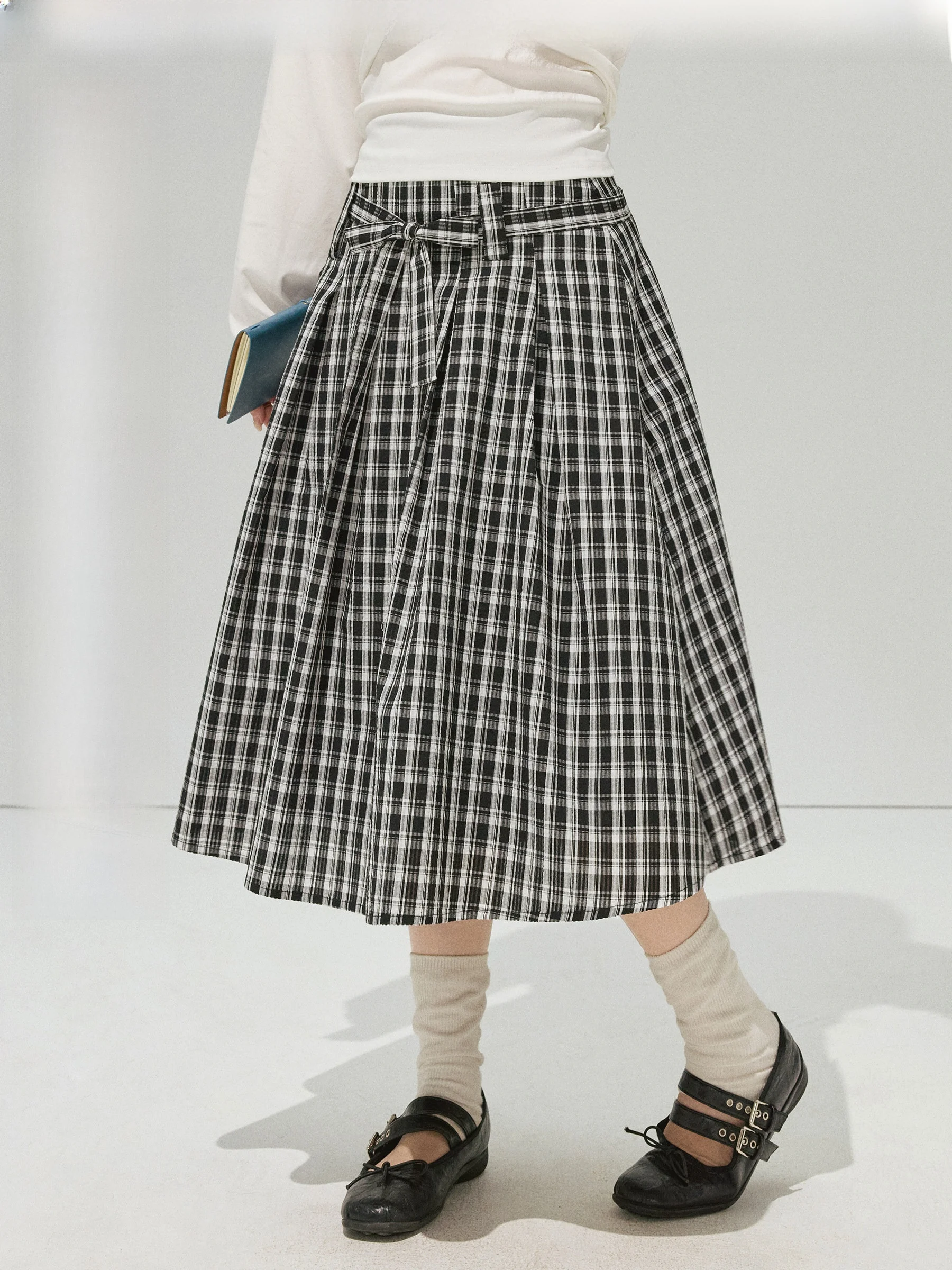 

Classic Black White Plaid Knot Midi Skirt plus Size A-Line Skirt Korean Style Commuter Polyester Cotton Blend