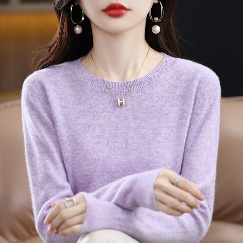 Autumn and winter new 100% merino sweater O-neck knitted ladies high-end solid color long-sleeved warm cashmere sweater top.