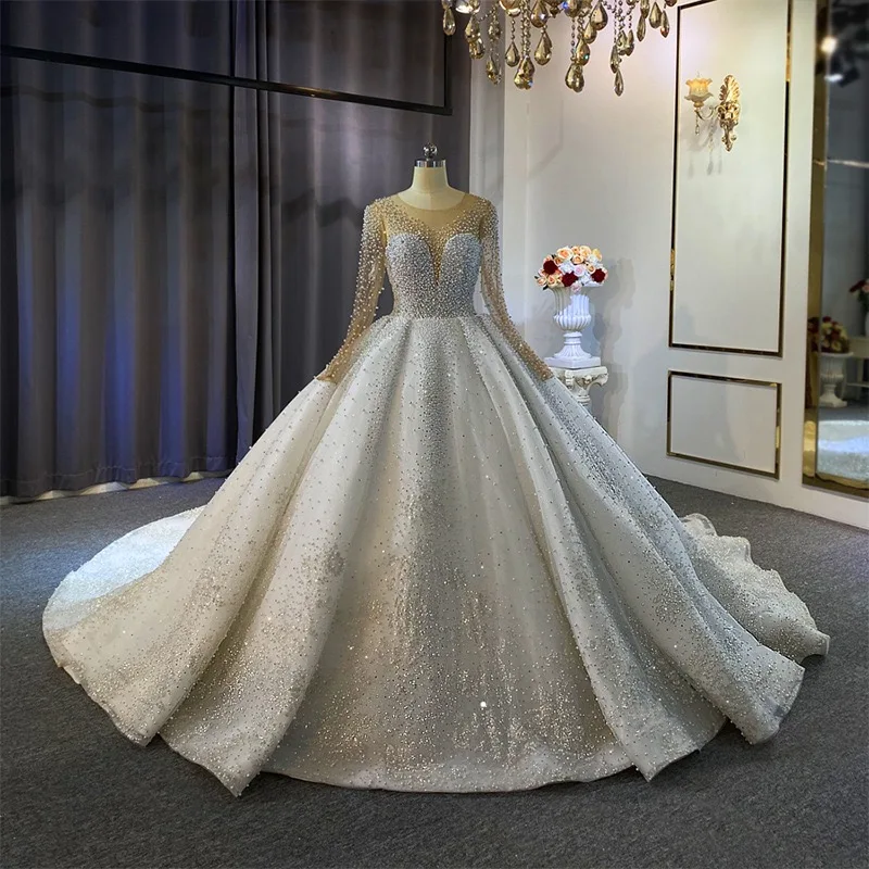 

Luxury Pearls Wedding Dresses Long Sleeve Sequin Lace O-neck Backless Bridal Wedding Gowns For Women Bride Dress 2024