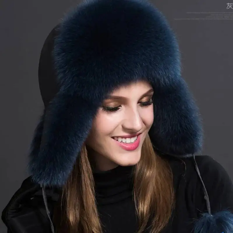 Fox Fur Hat Women Winter Ear Protection Thickened Bomber Hats Ski Caps Natural Fur Snow Hat Ladies Warm Hat Female Fashion Cap