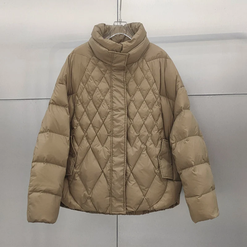 Schinteon Women White Duck Down Jacket Stand Collar Argyle Autumn Winter Casual Over Size Outwear Coat Real Picture Top 2024 New