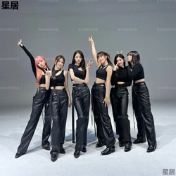 Kpop  Women Group Street Dance Slim T-shirts Crop Tops Leather Pants Stage Costume Femal Festival Rave Wear Sexy Concert Outfits