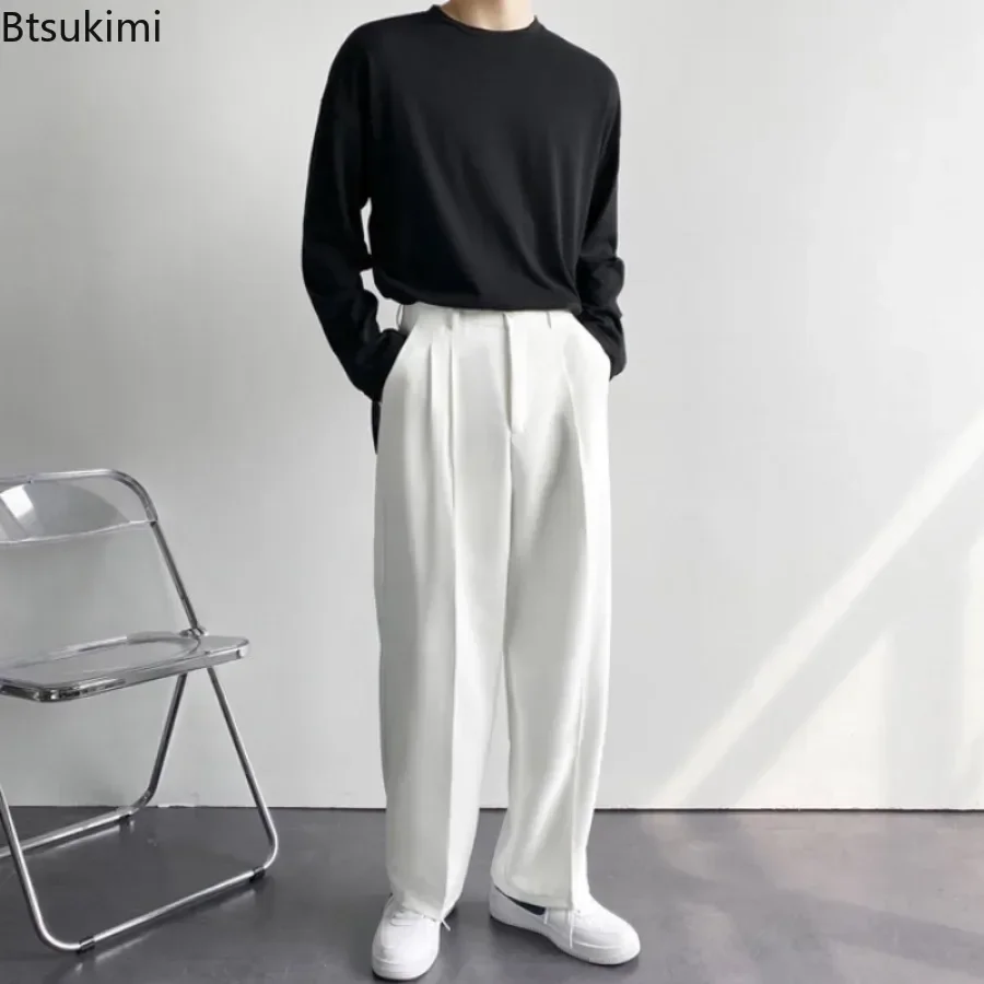 Japanese and Korean Men Thin Pendant Casual Dress Pants Men Ins Nine Points Loose Straight Leg Casual Wide Leg White Suit Pants