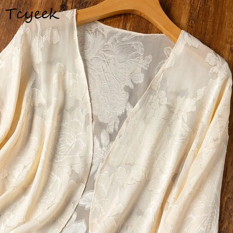 Tcyeek 100% Real Mulberry Silk Woman Tops 2026 Spring Delicate Half-translucent Lantern Sleeves Shawl Female Clothing Ropa Mujer
