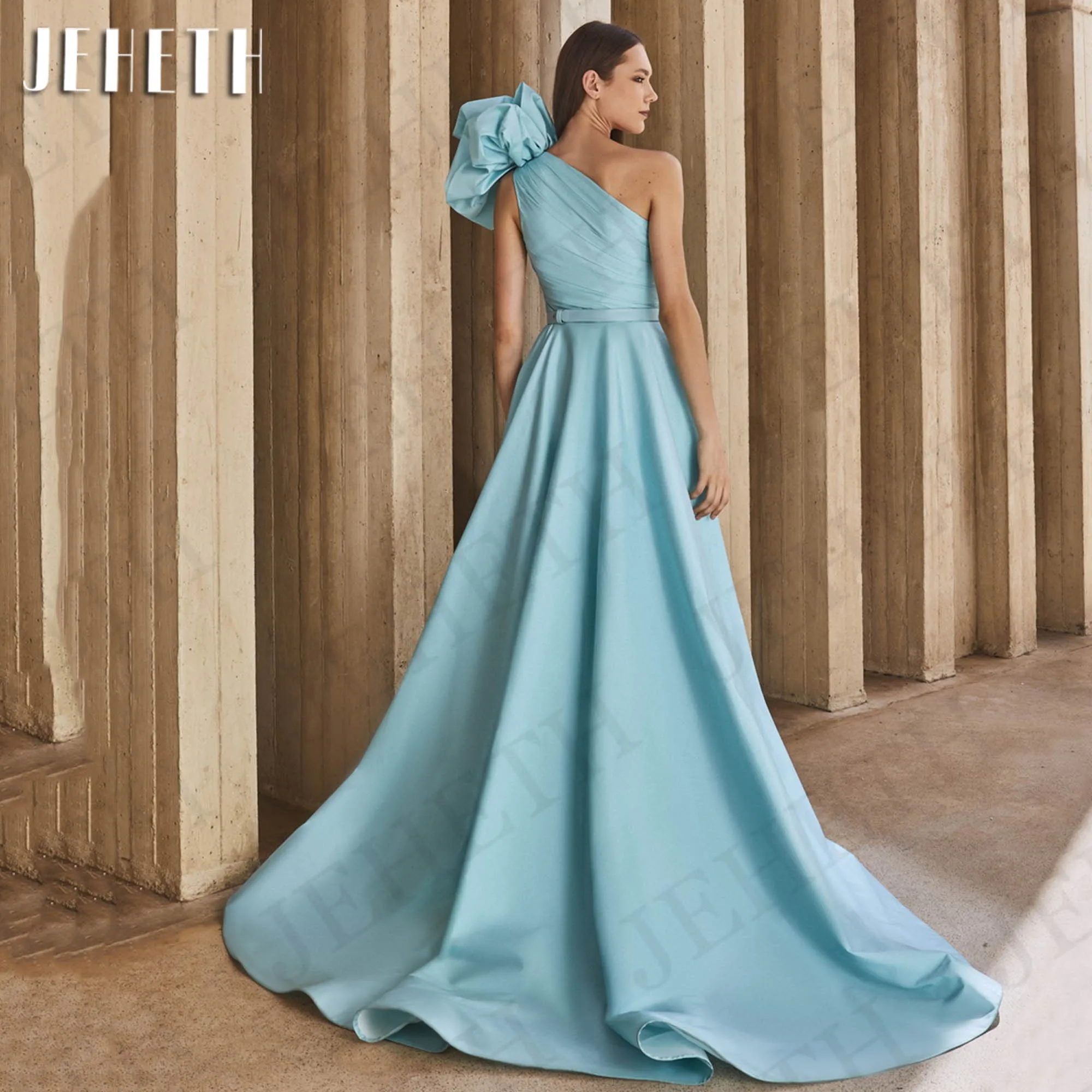 JEHETH Sky Blue One Shoulder Evening Dress Satin Elegant A Line Sleeveless Special Occasion Dresses abendkleid Sweep Train Women