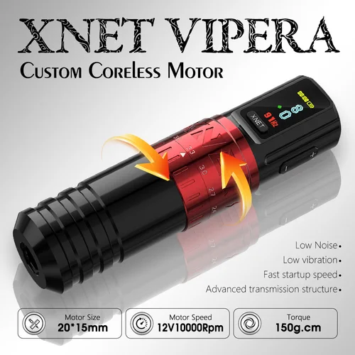 Imagen 2 del producto XNET Vipera Kit de máquina de tatuaje inalámbrica Carrera ajustable Pantalla OLED de 2,4-4,2 mm con agitador de tinta 10 piezas de tinta para artistas de tatuajes