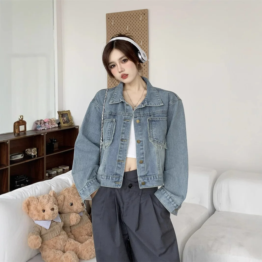 Women's Light Blue Cropped Denim Jacket, Vintage Washed Distressed Jean Coat, Casual Loose Fit Trucker Outerwear