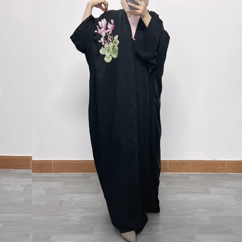 

Patched Print Fashion Embroidered Elegant Dubai Women Abaya Dress Long Sleeve Loose Open Front Robe Middle East Style