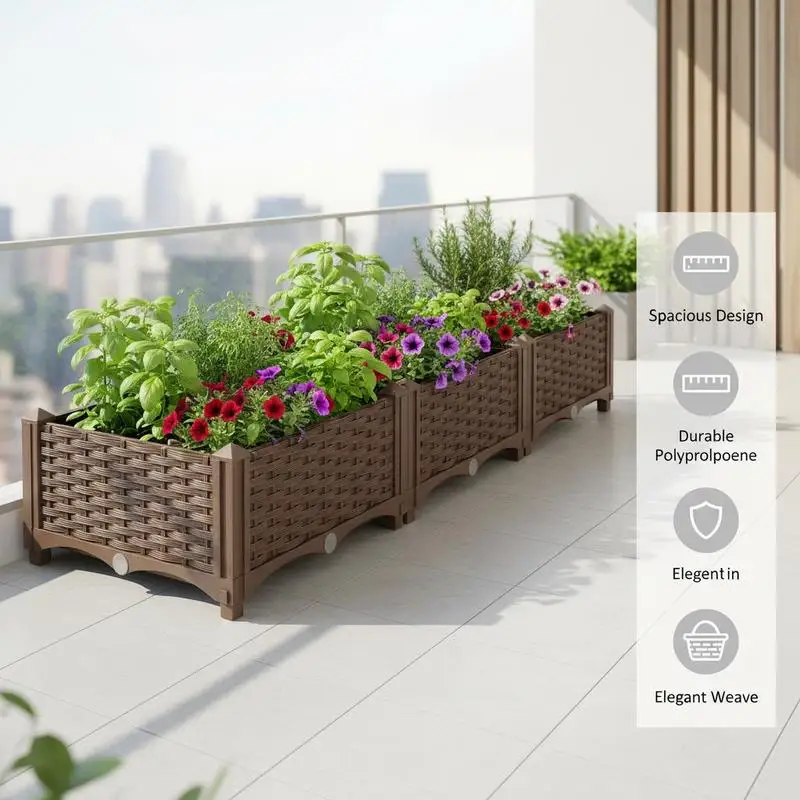 Bac à légumes surélevé 120x40x23 cm en polypropylène, jardinière extérieure pour légumes et fleurs, grande capacité, auto-arrosage, pour patio