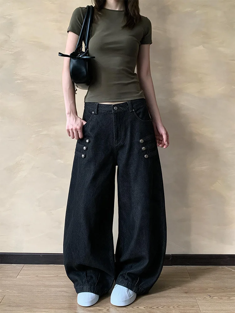 High Waist Wide Leg Black Denim Jeans Women's Autumn New Style Loose Slimming Vintage Knife Design plus Size Pants