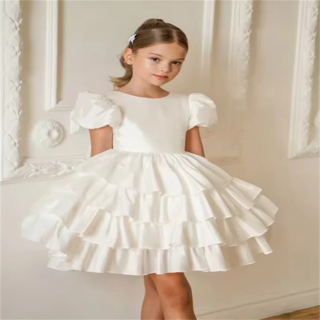 White First Communion Dress For Girls Puff Sleeves Multi-layered Lotus Leaf Flower Girl Skirt A-line Short Princess Tutu Skirt