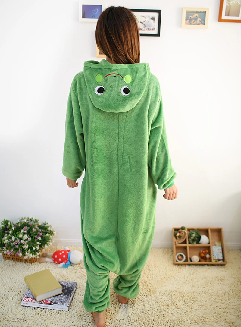 Green Frog Pajamas Adult Animal Onesie for Women Men Couple Winter Nightwear Coral Fleece Warm Sleepwear Flannel Pijamas Pyjamas