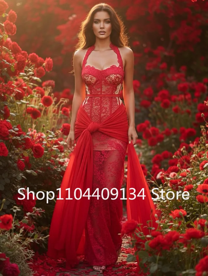 Robe de soirée longue de forme sirène, rouge vif, col licou, Corset en cœur, dentelle, mousseline de soie, froncée, robe de Gala de bal, personnalisée