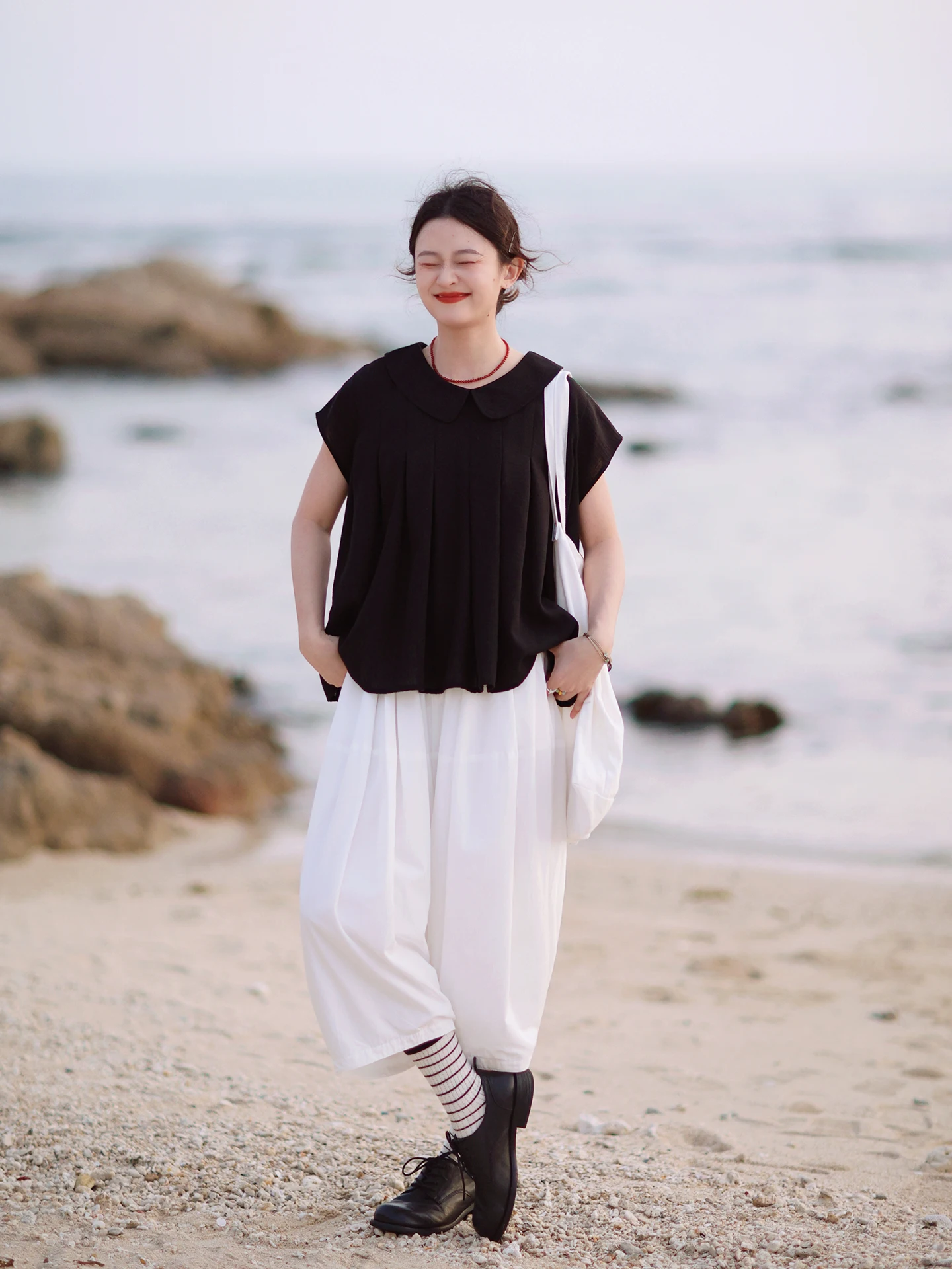 

Hua Ji C78 Bla Japanese Sle Doll Collar Bamboo Node Pleated Drapey irt Women's New Summer irt Loose Fit Polyester