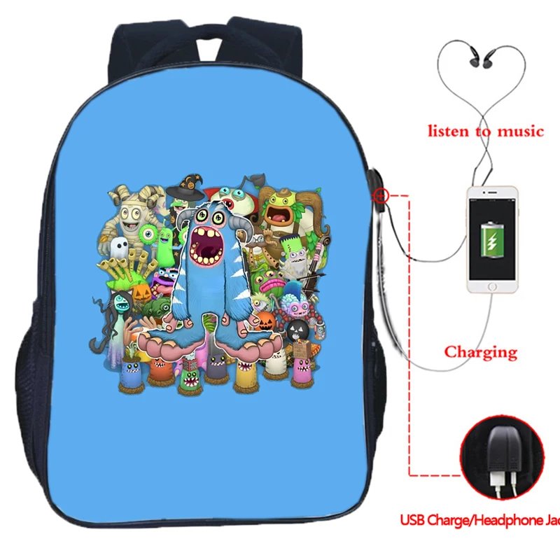 Mochila My Singing Monster para niñas y niños, Mochila de juego de 16 pulgadas, adolescentes, estudiantes, escuela, carga USB