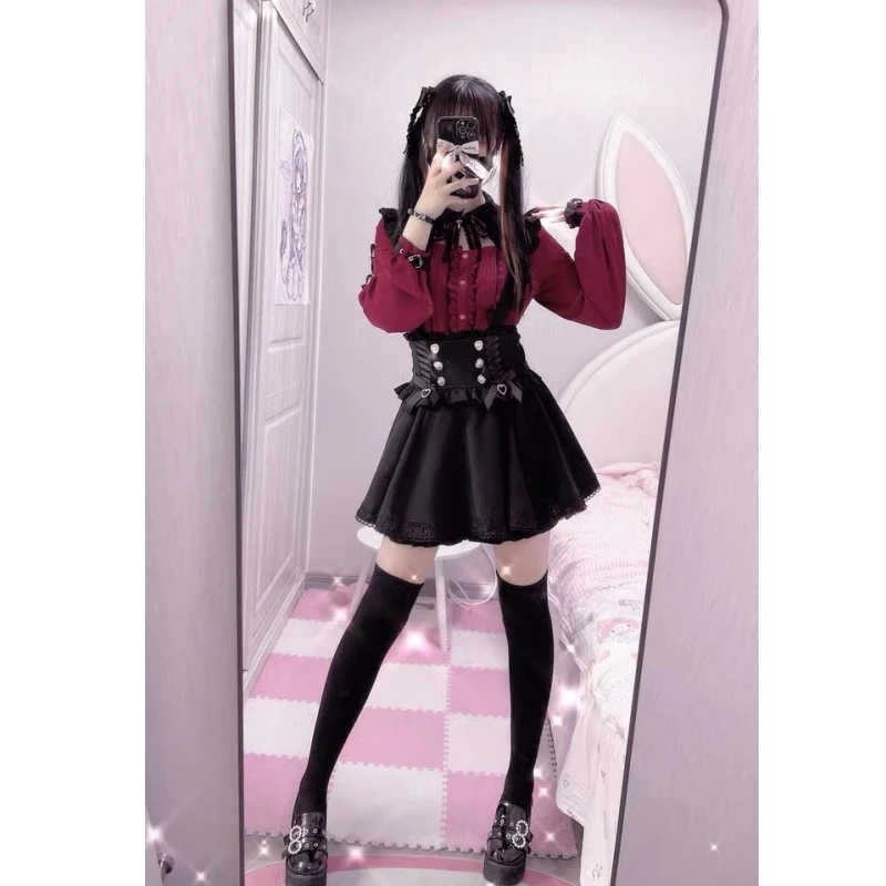 Rote Spitze Oulder Bared Long Sve irt und Rock mit hoher Taille, japanisches Sle orm Outfit k Series School orm