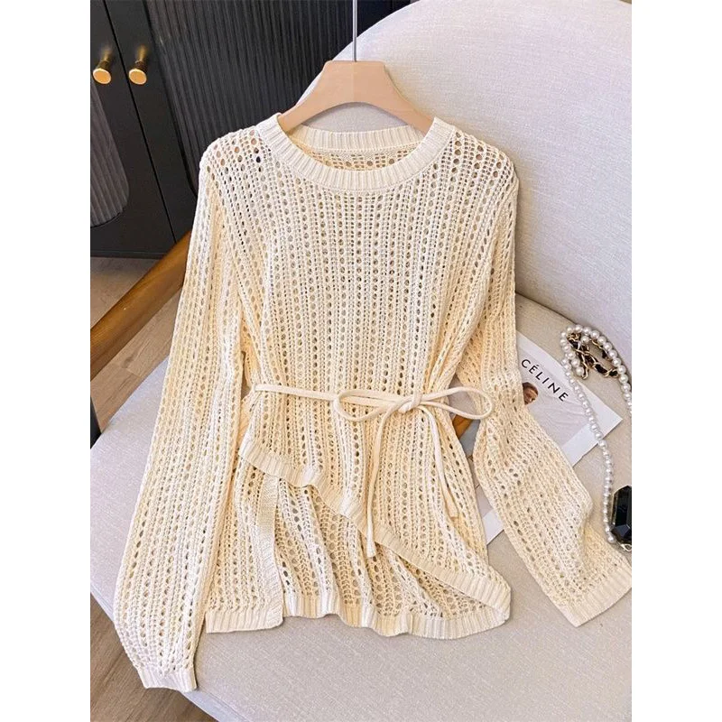 Summer New Lazy Style Round Neck Irregular Hook Flower Hollow Out Knitted Sweater for Women\'s Loose Air Conditioned Shirt Top