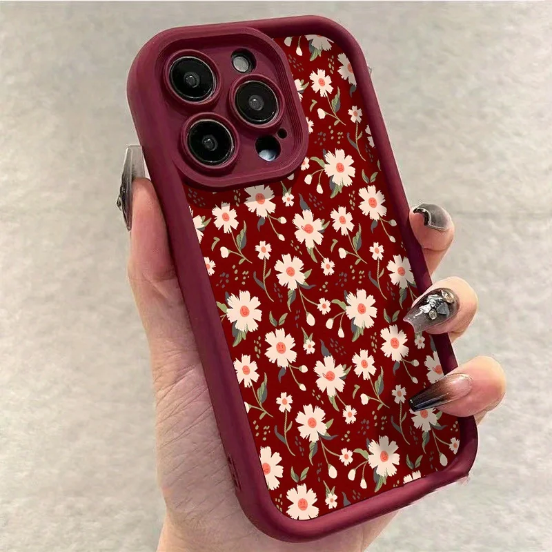 

Retro red background flower phone case for iPhone 16 15 14 13 12 11 Pro/ Max/Plus shock-proof rear cover anti-fingerprint