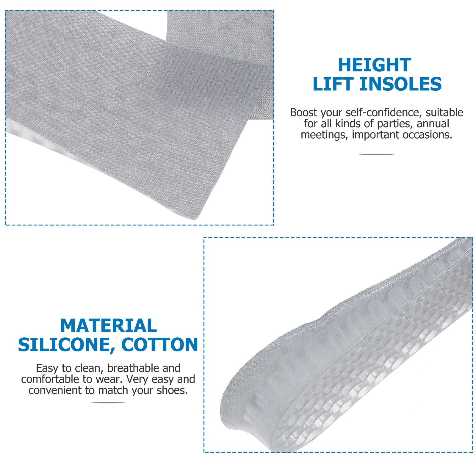 

2 Pairs Heightening Insoles Grey Elevator Lift Heel Pad Shock Absorption Breathable Lightweight Comfortable Shoe Pads