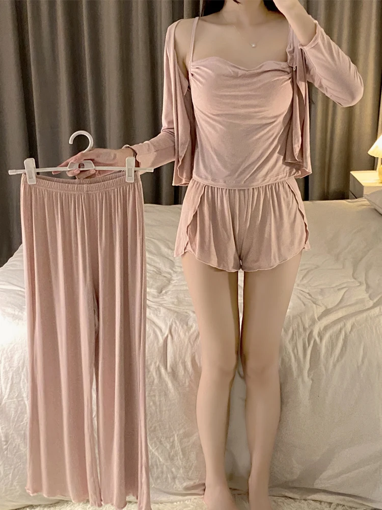 

2023 New Women's Spwear Modal Cotton Strapl Cardigan Tee-piece Set with Chest Pad Home Clothes Sexy V-ne Long Sve