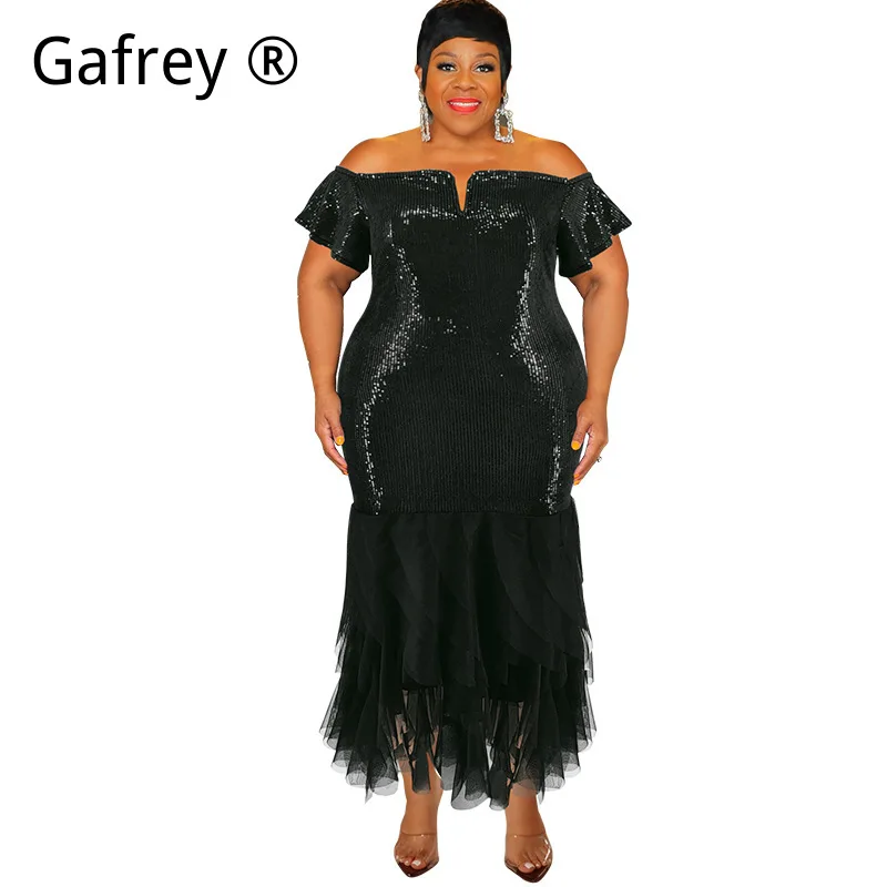 Plus Size XXXL 5XL Evening Dress Women Off Shoulder Sequin Mesh Patchwork Maxi Dress Sparkly Long Formal Party Gown Glamorous