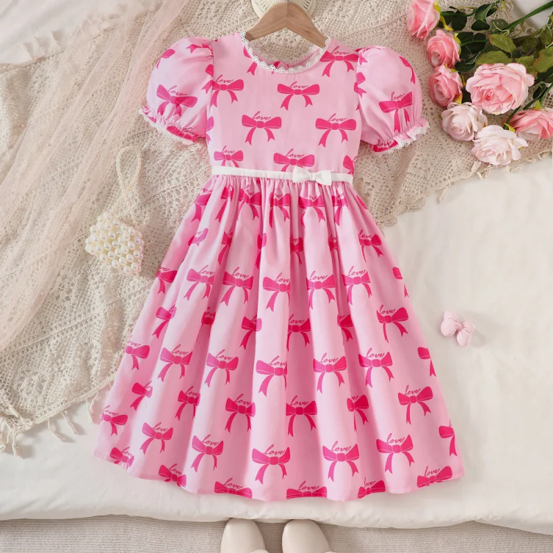

EWChildren's Clothing New Summer Bowknot Puff Sleeve Casual Dress for Young GirlsDQ2193