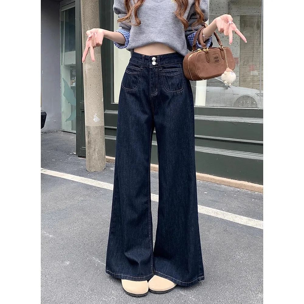 

Джинсы Y2K Deep Blue с широкими штанинами для женщин, весенние, с высокой талией, свободного кроя, в пол, модные брюки