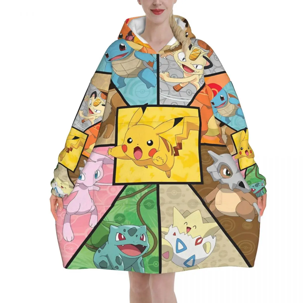 

Негабаритное носимое одеяло с покемонами и Пикачу, зимние подарки для женщин и мужчин, ультрамягкие плюшевые теплые толстовки, одеяла с карманом