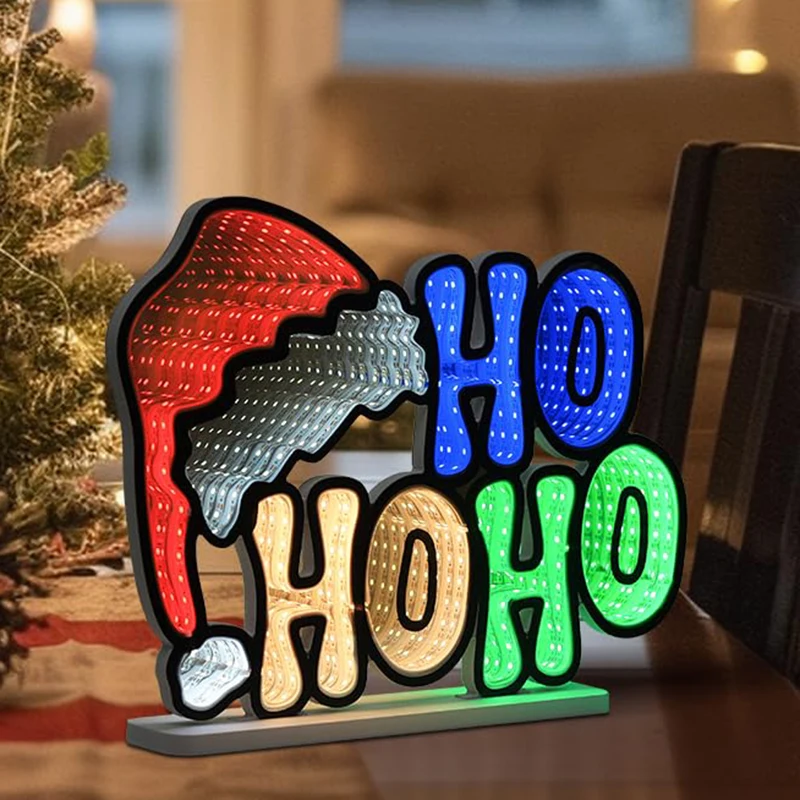 クリスマスサンタ帽子-hohoho-インフィニティミラートンネルライト付き-クリスマスデコレーション-ナイトライト-ホームパーティー-マントルテーブルセンターピース