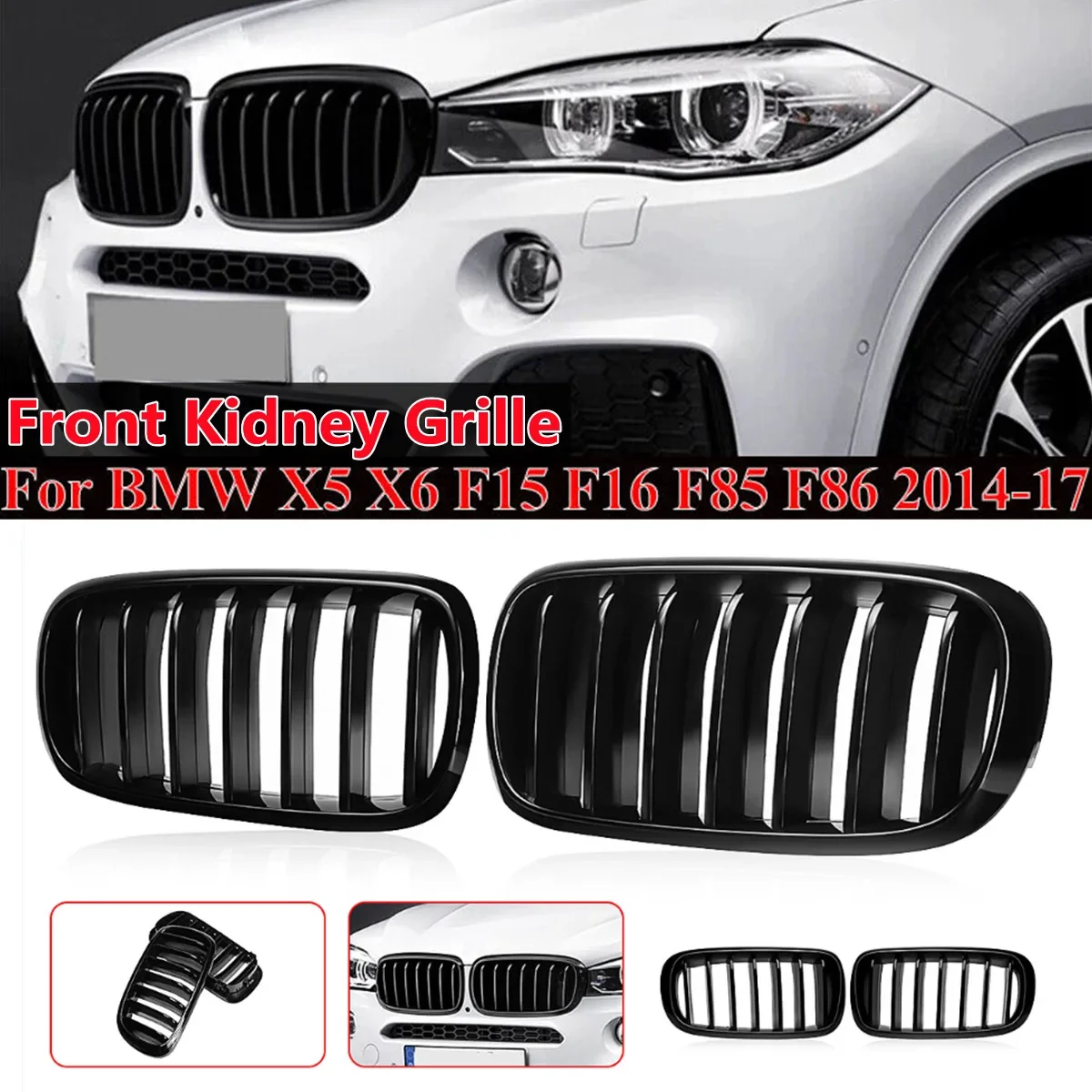 Glossy Black Front Kidney Sport Grill Grille Single Slat For BMW F15 X5 F16 X6 2014-2017 Mesh Replace Racing Grills 51712334708