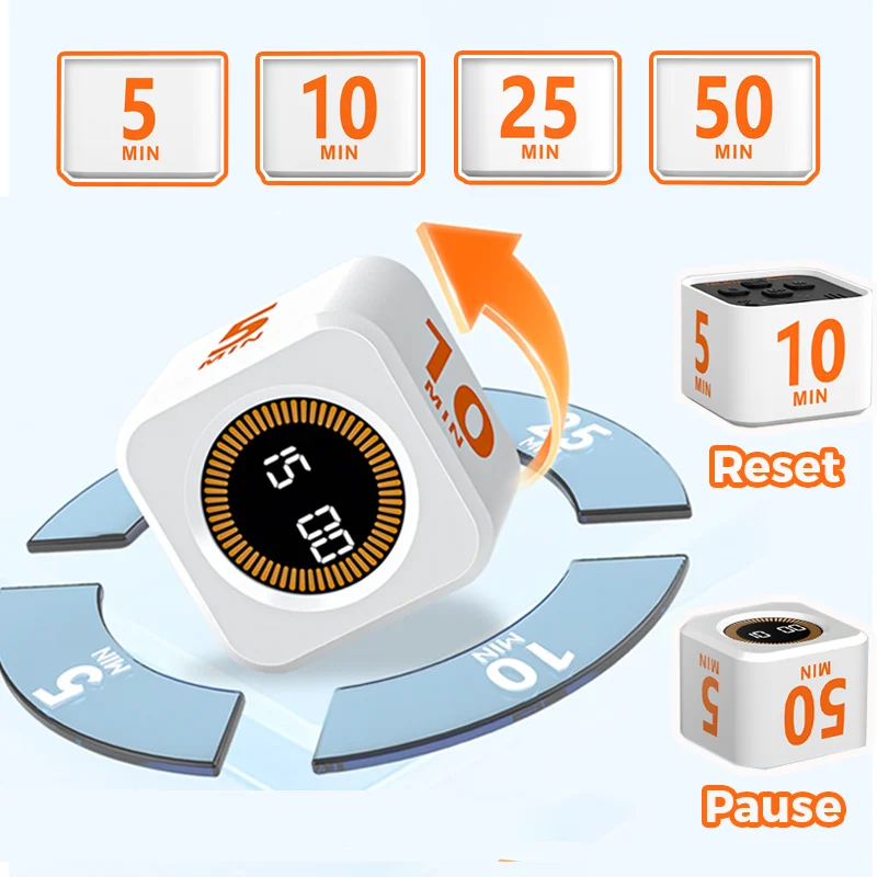 Gravity Sensor Flip Timer LED Display Cube Timer 4 Preset Time Countdown Kitchen Timer Management Tools for Home School Study