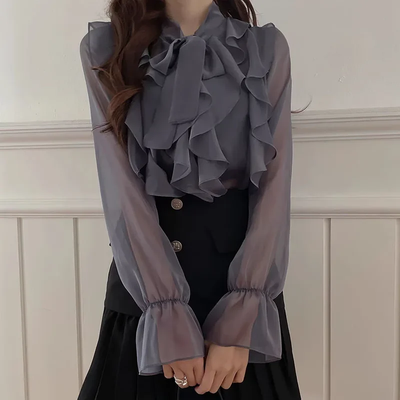 New Korean Chiffon Blouse Women Office Lady Fashion Tops Sweet Bow Shirts Women Casual Long Sleeve Summer Clothes Blusas 13864