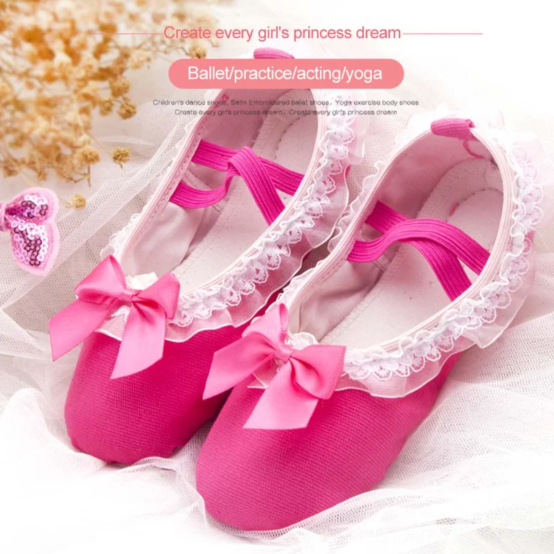 Zapatos de baile de Ballet para niños y niñas, zapatillas Kawaii de encaje con lazo, suela suave de lona, para adultos