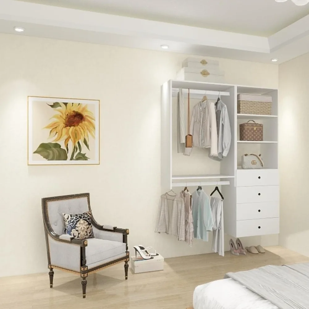 Modular Closet Organizer System, Wall-Mounted Cabinet with Hanging Rails and Drawers Walk-In Closet System for Bedroom