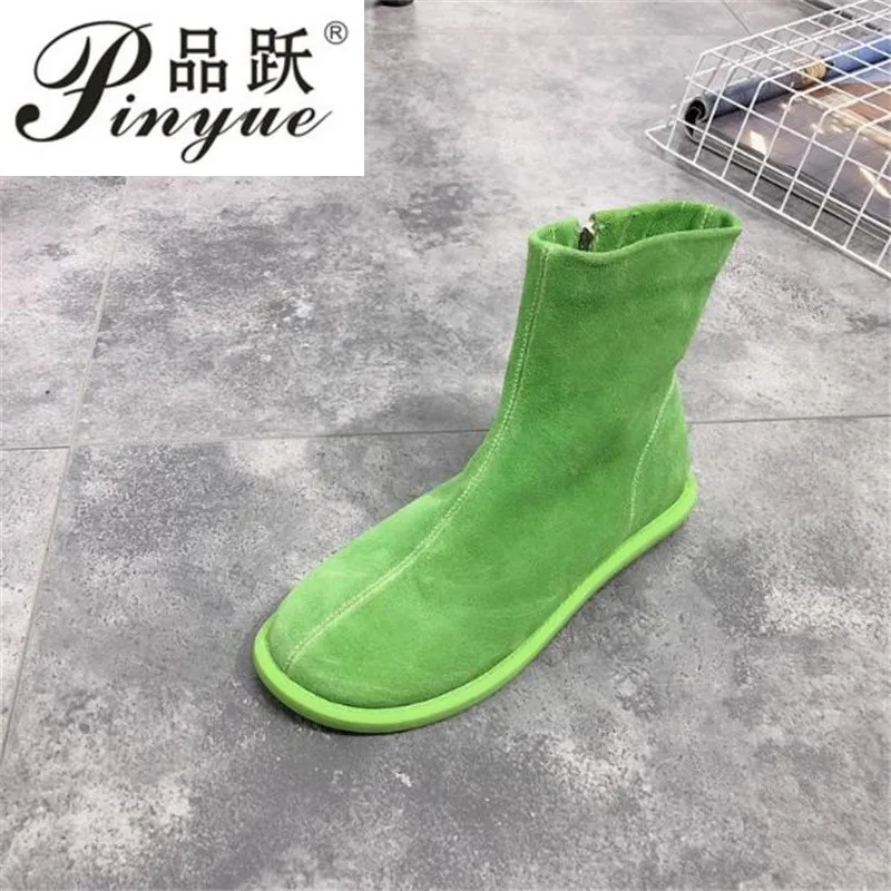 Women Fashion Genuine Leather Spring and Autumn Mid-calf Boots Women Side-Zipper Candy-Colored Short Boots Size 35-40