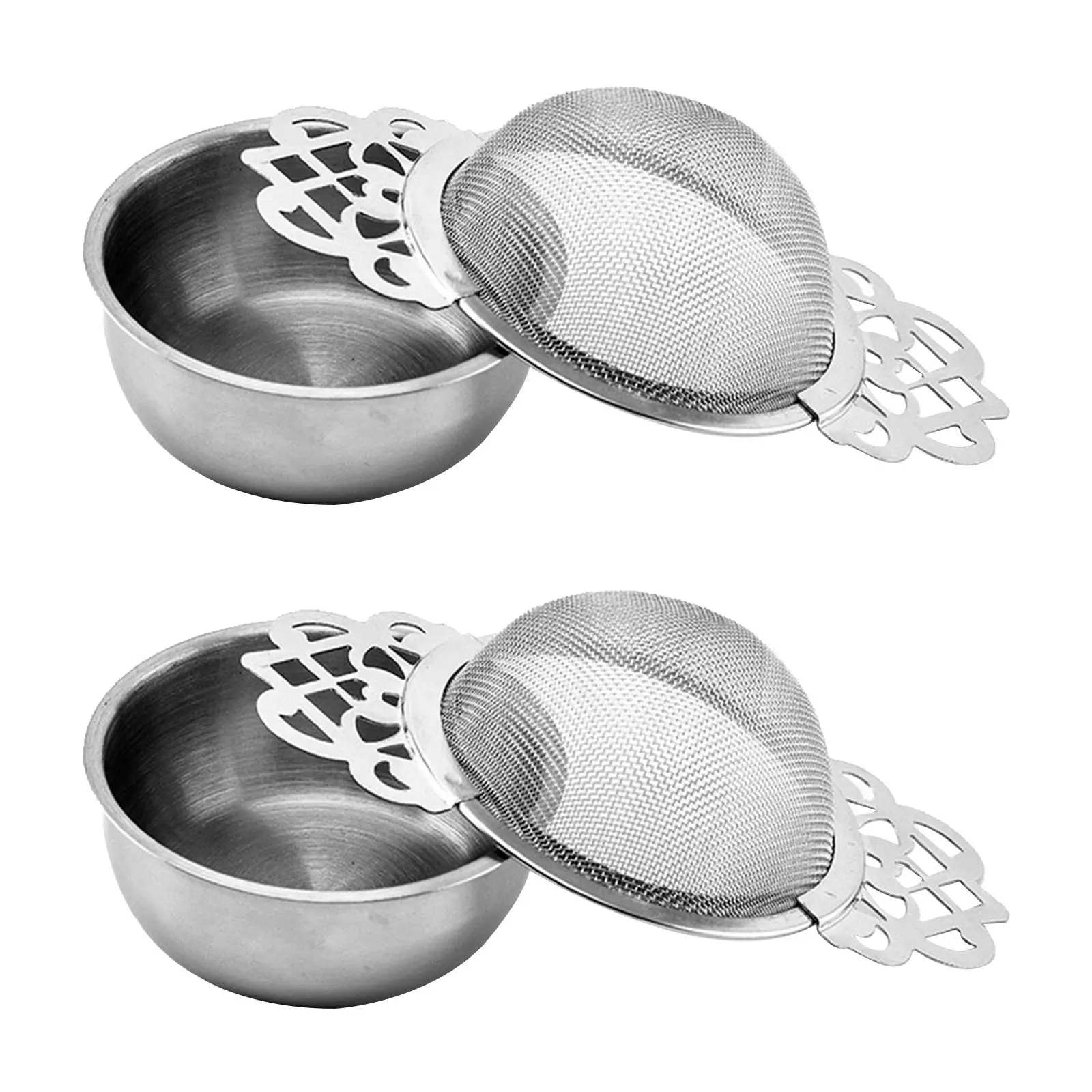 2Sets Stainless Steel Tea Interval Diffuser Double Handle Mesh Infuser Loose Leaf Strainer Drip Bowl Tea Accessories