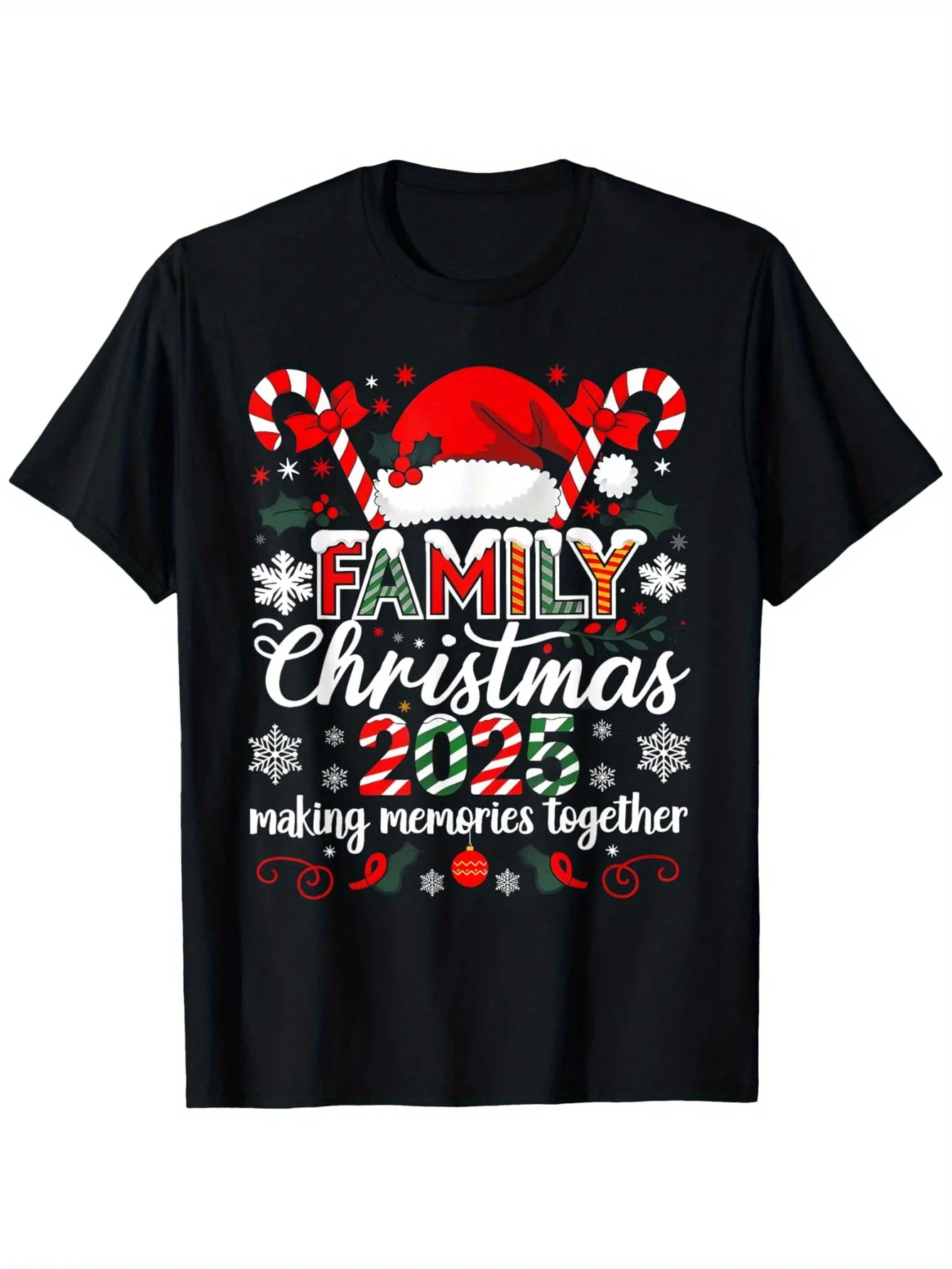 

2025 Christmas Family Time T-Shirt - 100% Cotton, Santa/Candy Print, Halloween/Thanksgiving Casual Wear