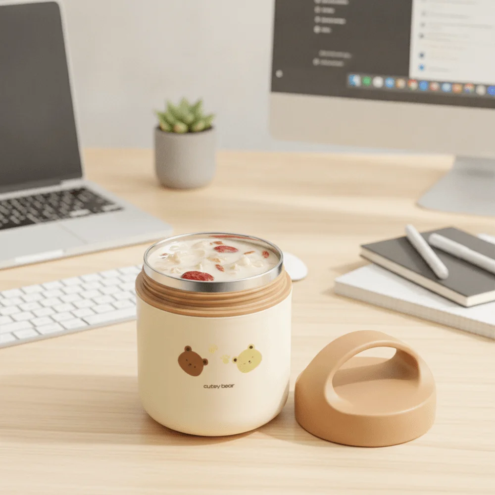 Cartoon Bear Insulated Porridge Cup Wide Mouth 304 Stainless Steel Inner Breakfast Cup Sealed Leak-proof Thermal Soup Cup
