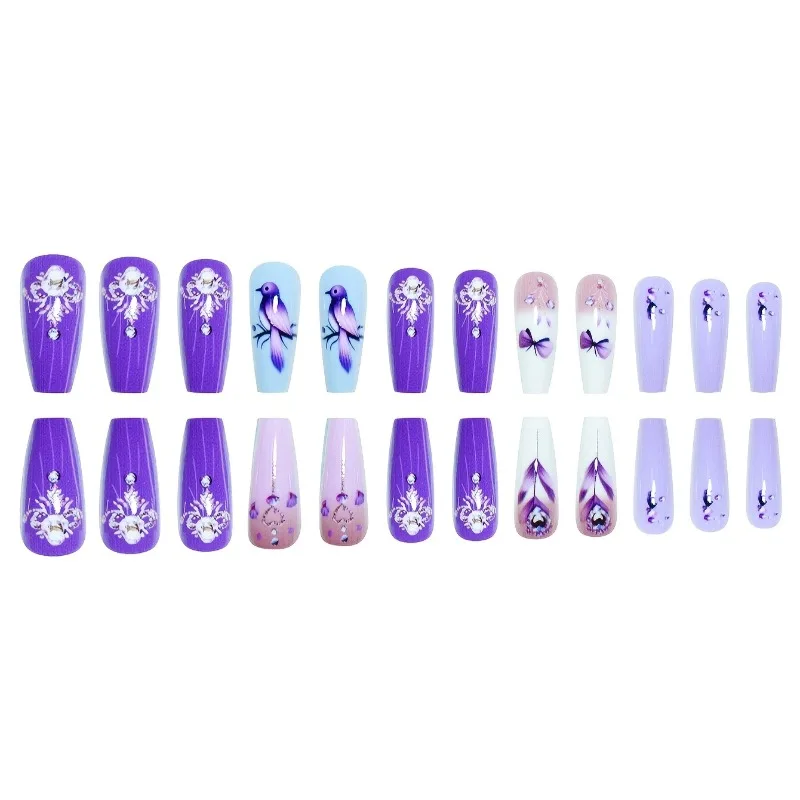 24 ชิ้นเล็บปลอม Stick น่ารัก Feathered Sparrow เล็บบัลเล่ต์กดบนเล็บชุด Charms เล็บปลอมสําหรับติด