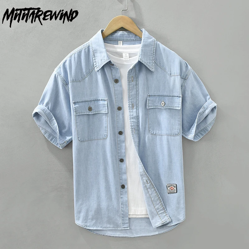 Summer Short Sleeve Denim Shirt Men Daily Causal Loose Blue Jeans Shirt Japanese Double Pockets Shirt Youth Fashion Male Shirts