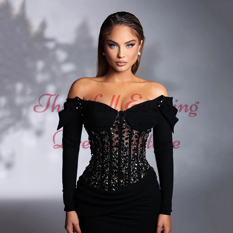 Thinyfull Sexy Mermaid Prom Dresses Black Long Sleeve Crystal Evening Party Dress Formal Night Cocktail Prom Gowns Custom Size