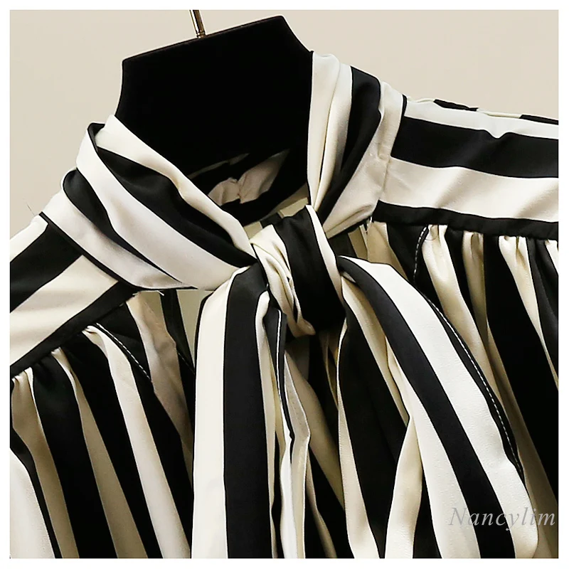 Fashion Heavy Industry's New Bow-tie Striped Shirt Blouse for Women Ladies Long Sleeves Loose and Versatile Tops
