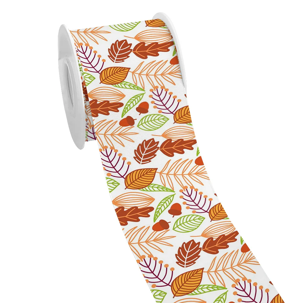 5yards Design Autumn Maple Leaf Printed Grosgrain Ribbon for Cheer Bows DIY Girl Headwear Hair Bows Satin Ribbon