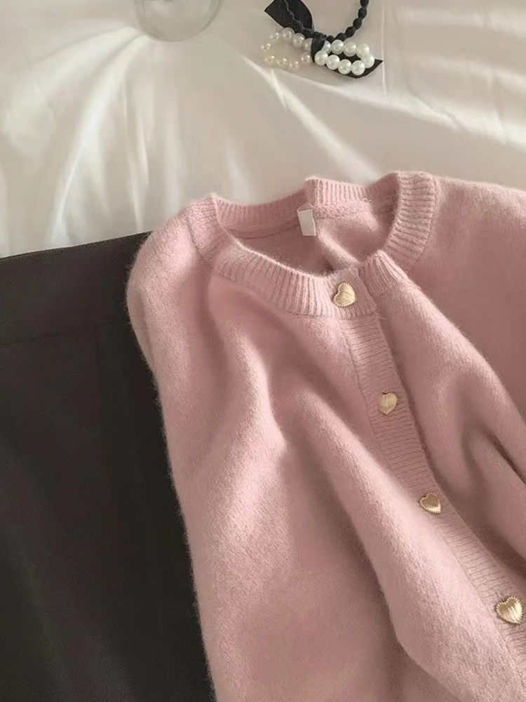 

Pink Knitted Cardigan Women's Autumn Winter ort Sle Fake Bear Fur High Quali Sweater Jaet Small Size Top Button up